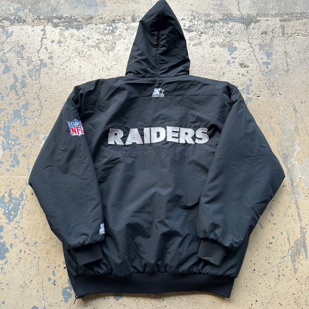 Vintage 90s Starter NFL Raiders Puffer Jacket Black XL Broken Zipper Spellout